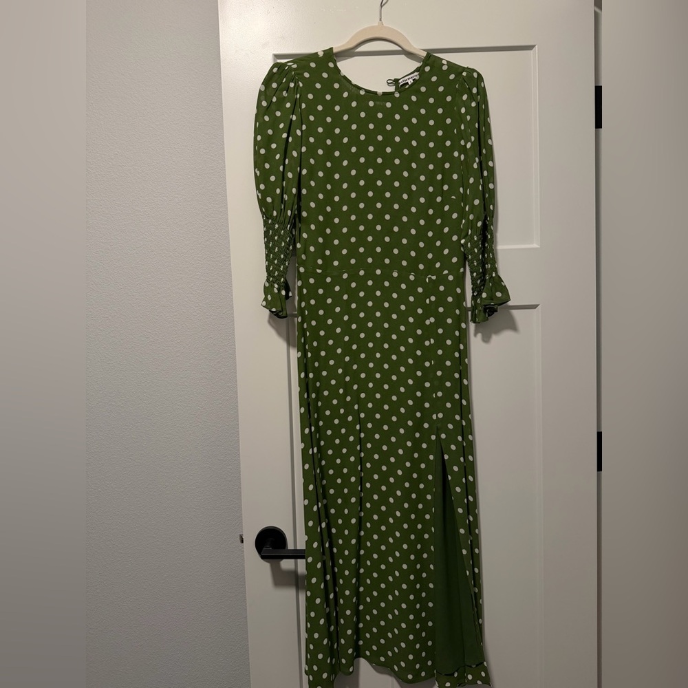 Reformation Green Polka Dot Puff Sleeve Midi Dress - Picture 2 of 4